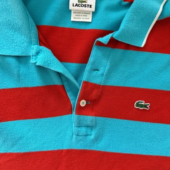 Lacoste Men’s Striped Polo Shirt Turquoise & Red Size 8 (L) - Picture 2 of 2